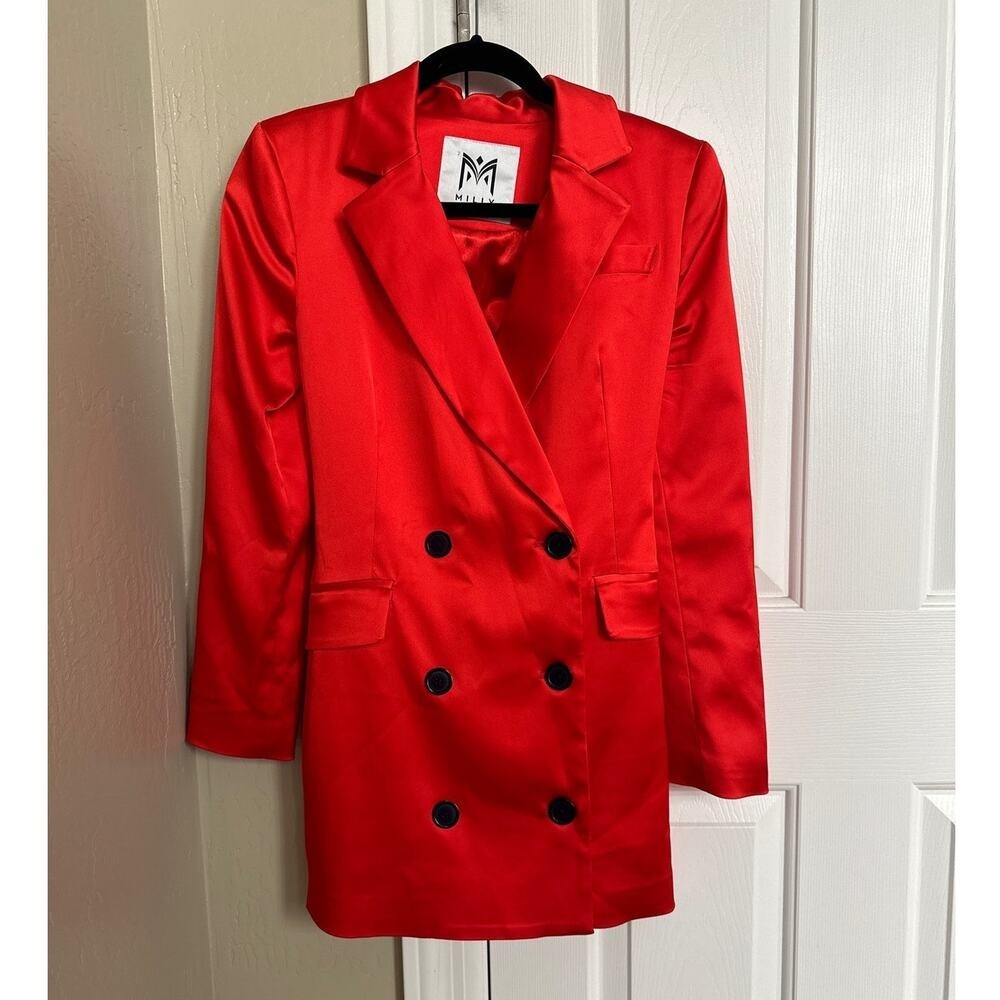 Milly Red Satin Double-Breasted Blazer Mini Dress See Measurements